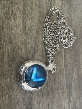 Blue Butterfly Silver Pendant/Watch Necklace
